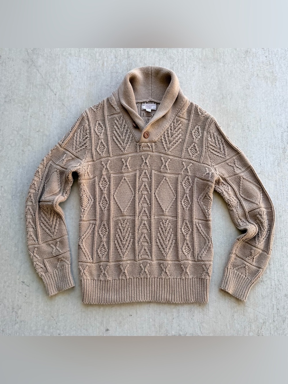 Wallace & Barnes Sweater Men S Tan Shawl Collar Chunky Cable Knit Organic Cotton